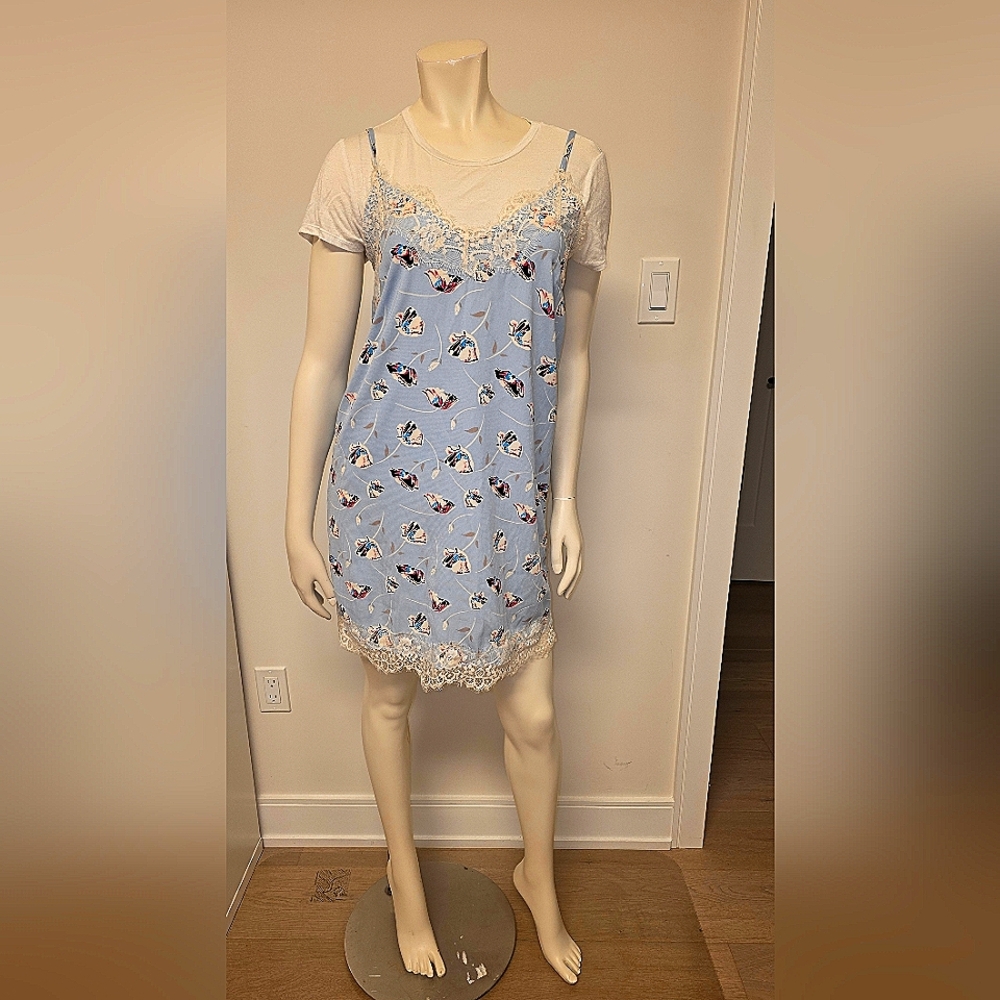 Monteau Blue Floral Lace Lingerie Slip Mini Dress & White T-shirt Set S